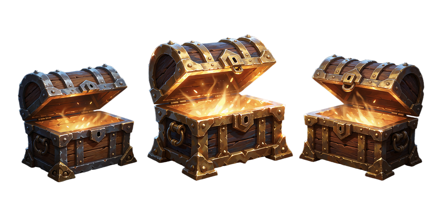 Trzy otwarte skrzynie skarb&oacute;w symbolizujące trzy etapy pakietu powitalnego Hero's Path w Hercules Casino