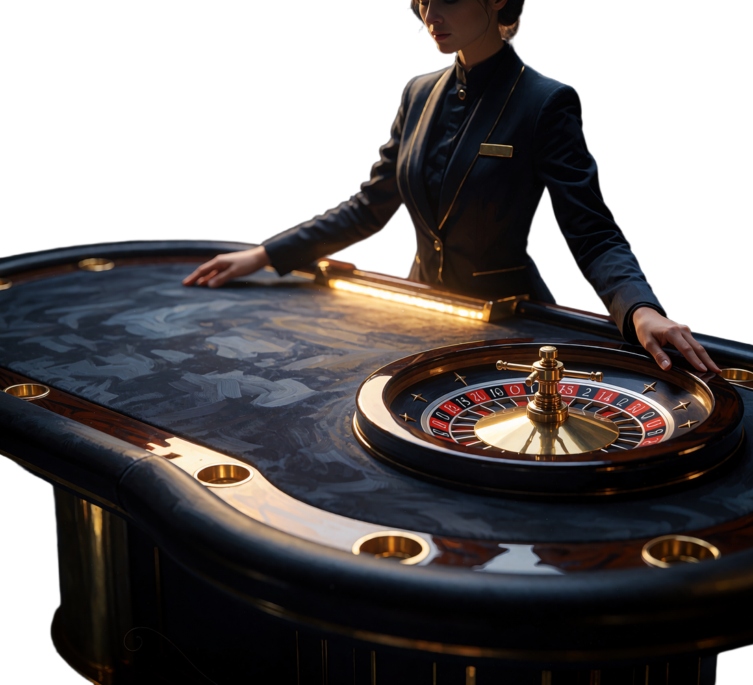 Krupierka stojąca przy kole ruletki w Hercules Casino - symbol kasyna na żywo i ruletki online